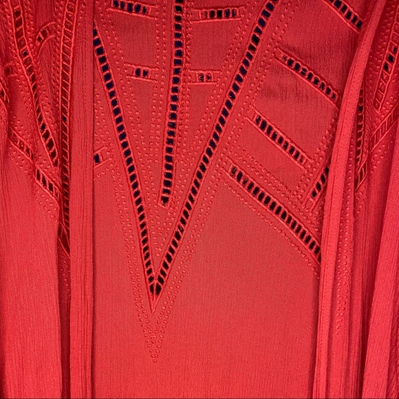 TORRID RED (CORAL) CRINKLED GAUZE CROCHET INSET LONGLINE KIMONO - Picture 4 of 7